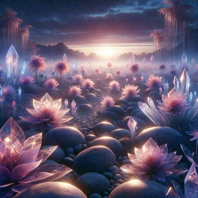 The primary subject of the image is a field of purple flowers, with a variety of different types of flowers scattered throughout the scene. The setting is a beautiful, colorful landscape with a sunset in the background, creating a serene and picturesque atmosphere. The visual style of the image is a combination of photo and digital art, with the flowers and landscape elements skillfully rendered to create a realistic yet artistic representation. The colors and mood of the image are predominantly purple, with the flowers and sky creating a sense